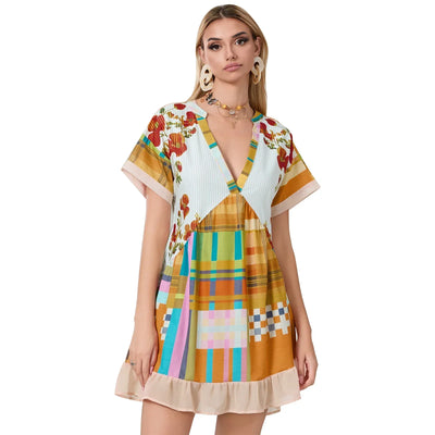 Women Summer Babydoll Dress Bohemian Holiday Vintage Floral Print Short Sleeve Deep V-Neck Flowy Dress with Pockets