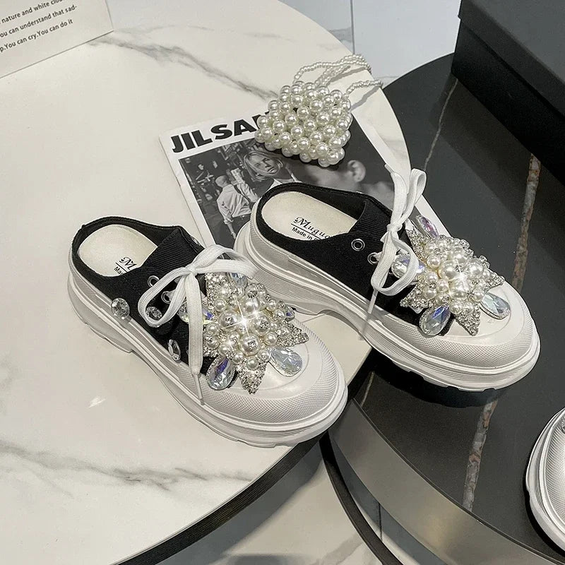 Spring New Women Sneakers Slipper Designer Platform Mules Flat Sandal Sweet Casual Lace Up Pearl Crystal Shallow Ladies Shoes