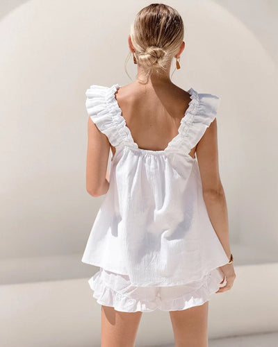 Womens Summer Solid Color 2 Pieces Set Ruffle Sleeveless Sling Square Collar Vest Shorts Tank Top Outfits Lounge Matching Sets