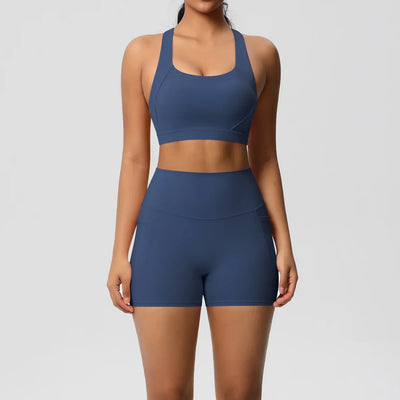 2PCS Sportswear With Pocketed Yoga Set Gym Clothes Yoga Suits For Women Tracksuits Sports Shorts Crossover Bra Gym Leggings