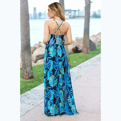 Floral Dress Women's Summer Dress Sexy Backless V-neck Suspender Long Dress