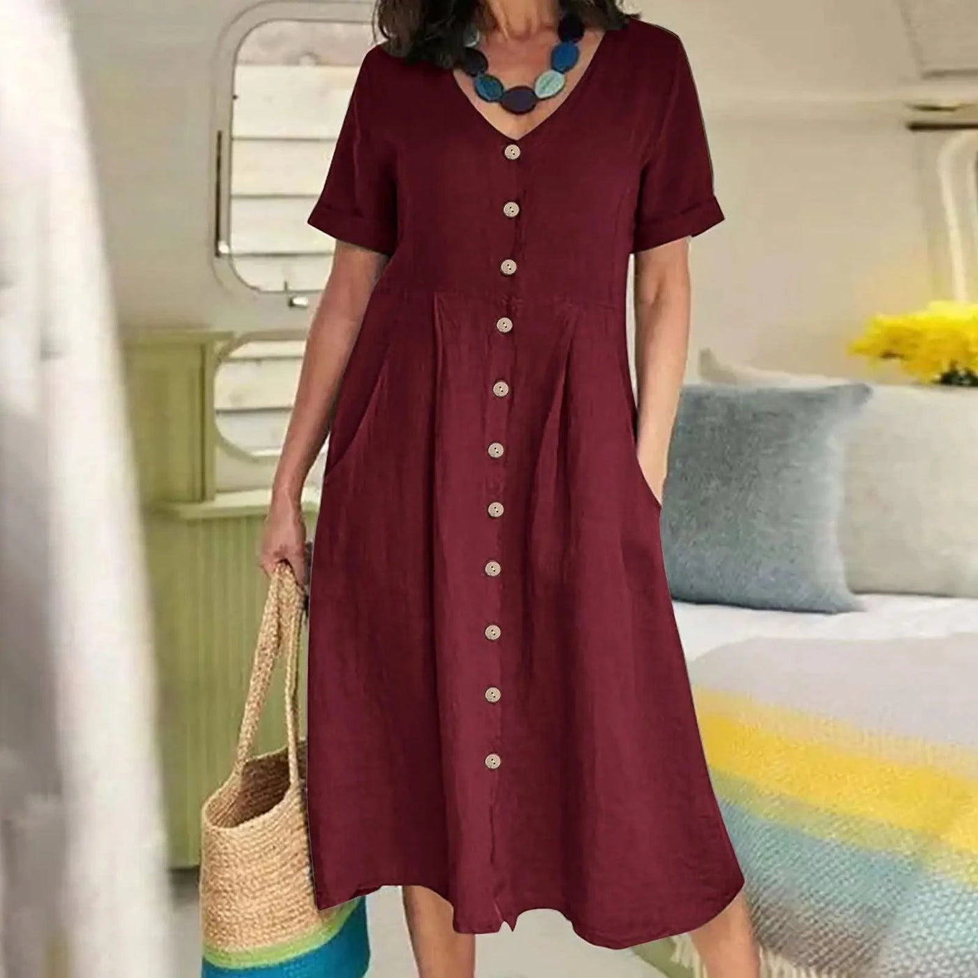 Women's Summer Casual Cotton Linen Midi Dress White  Loose Elegant Green Dresses Vestidos Платье С Декольте Jupe Longue Femme