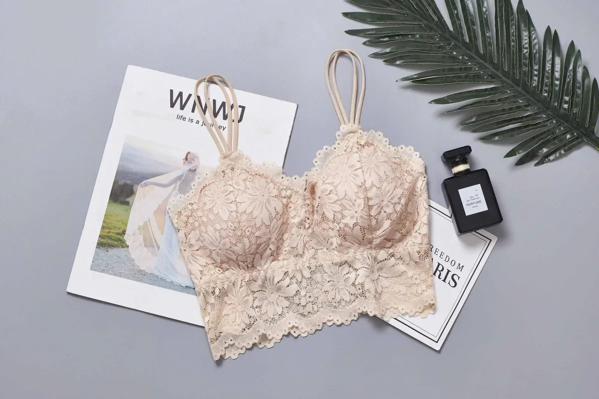 Women's Lace Bra Sexy Hollow Out Flower Underwear Bralette Wireless Push Up Breathable Strap Padded Vest Lingerie