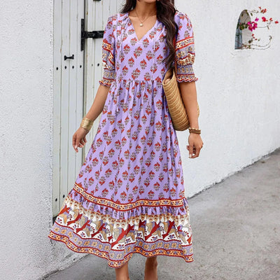 dresses for women Fashion summer Casual long dresses Bohemian V-Neck Printed High Waisted Big Swing Dress vestidos cortos
