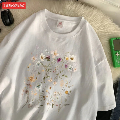 Women'S T-Shirts Beautiful Spring Flower Clusters Printed Short Sleeve O-Neck Breathable Summer Trend Female Clothes