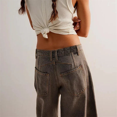 Midiross High Stretch Mid-Rise Barrel Jeans Fashion wide Leg Shape Women Casual Baggy Mid Waist Denim Jeans