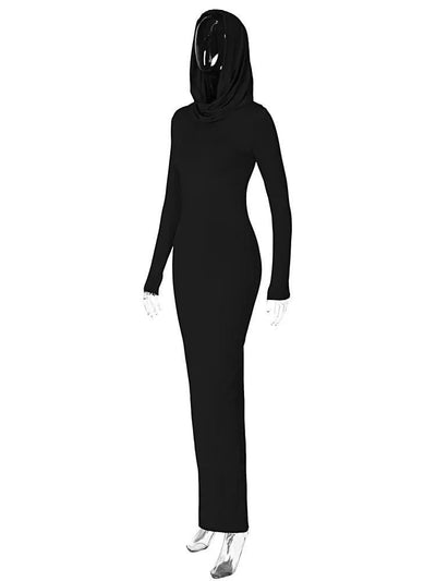 Hooded Long Dress For Women Y2k Clothes Sexy Streetwear Long Sleeve Bodycon Vestidos De Mujer Solid Robe Femme Été Back Split