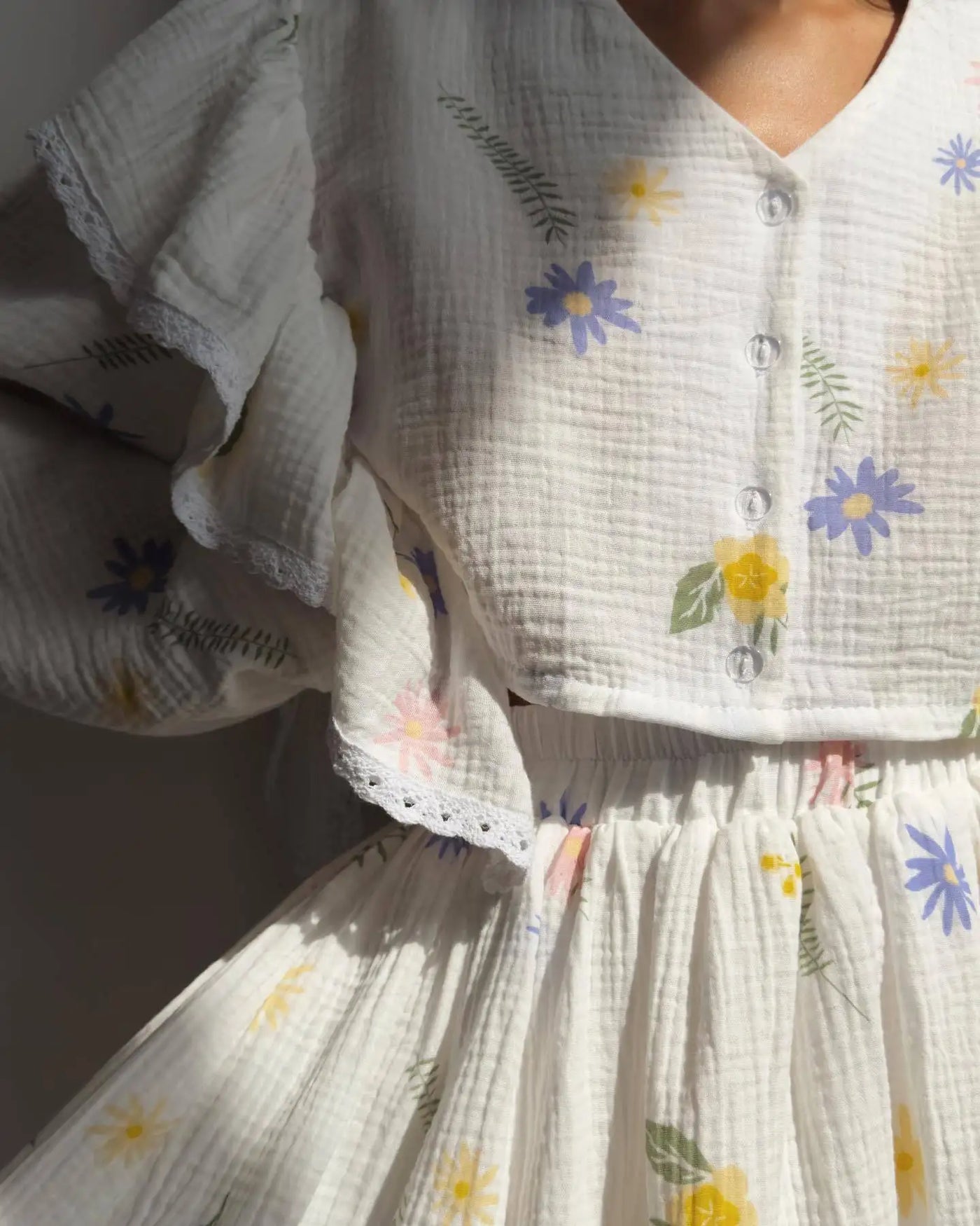 Women Cotton Linen Print Loose Suit Women Lantern Sleeve Ruffles V-neck Patchwork Single-Breasted Top High Waist Mini Skirt Suit