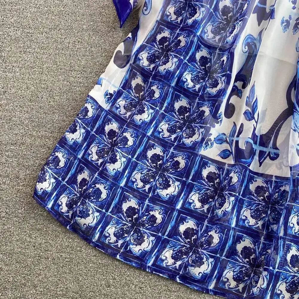 Women Maxi Chiffon Dress Summer Bohemian Rabbits Flower Porcelain Print Clothing Floor Length Flare Sleeve Long Vestidos