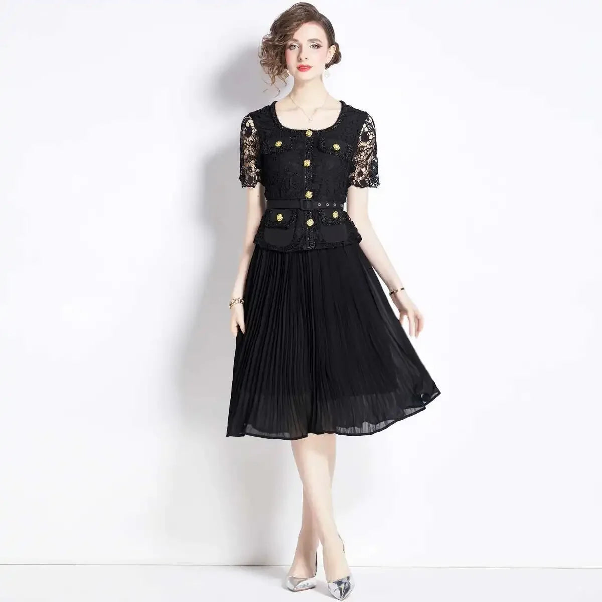 Luxury Evening Dress Women Summer Vacation Short Sleeve Pleated Lace Chiffon Long Dresses White Single Breasted Midi Party Robe