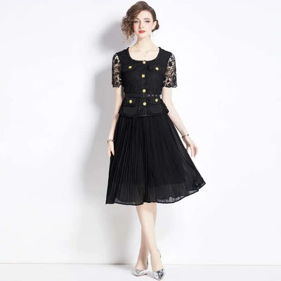 Luxury Evening Dress Women Summer Vacation Short Sleeve Pleated Lace Chiffon Long Dresses White Single Breasted Midi Party Robe