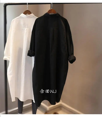 Cotton Linen Women Medium-Length White Polo Shirt Women Large Size Women Clothing Spring Autumn Design Niche Long-Sleeved Shirt