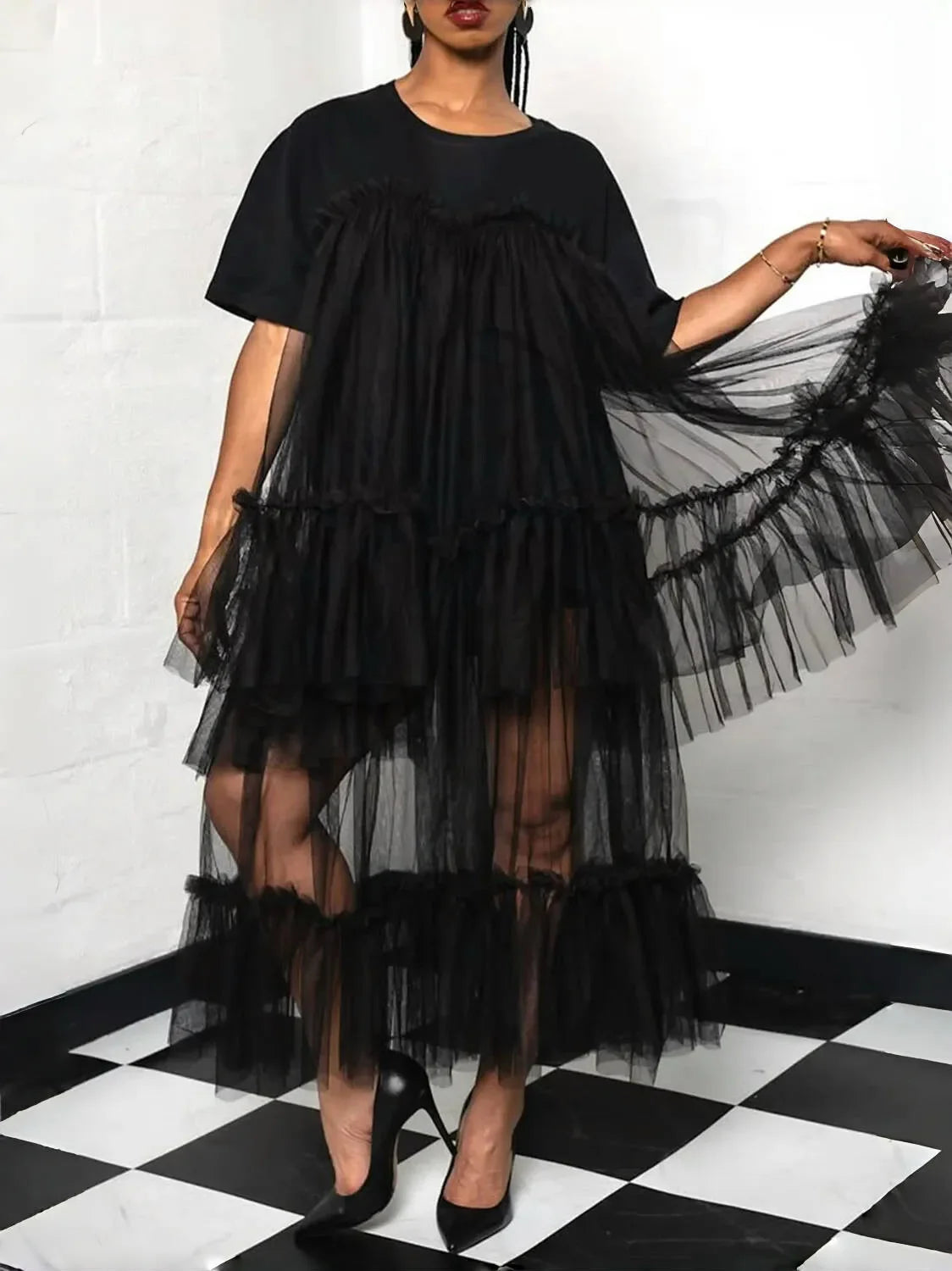 Women's Ruffle Tulle Dresses Round Neck Short Sleeve Sheer See Through Pleated A-Line Y2K High Street Casual Summer Dresses 2025