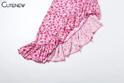 Cutenew Floral Print Women Midi Dresses Fashion Incline Shoulder Bandage Ruffle Splited Vestidos Female Vacation Street Bodycon