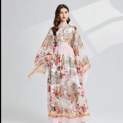 Women Clothing O Neck Flare Sleeve Large Swing Maxi Dress New Summer Bohemian Blue And White Porcelain Print Chiffon Vestidos