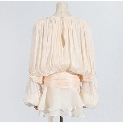 Ruffles Mini Dress Women Lace Up  V Neck Long Sleeve Pleated Female Dresses 2025 Elegant Summer Autumn Street Loose Ladies Robes