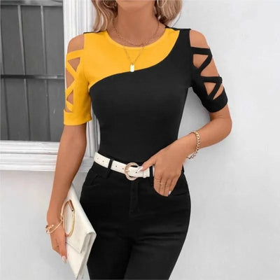 Women's Blouses T-shirt Summer New Colour Block Cross Off Shoulder