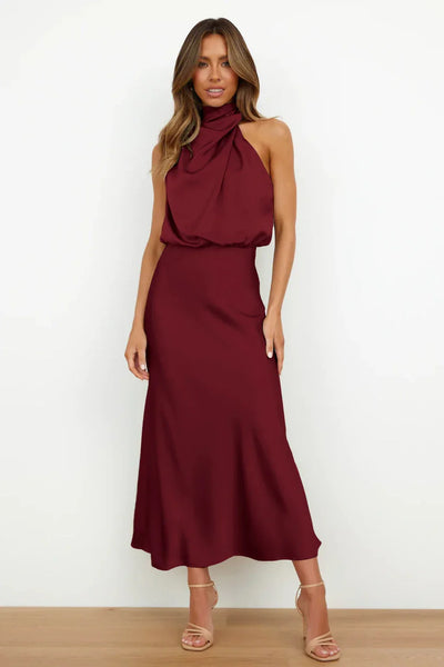 2025 Spring/Summer Long Dress for Women High Waist Halter Satin Sleeveless Dress Fashion Elegant Solid Evening Party Dresses