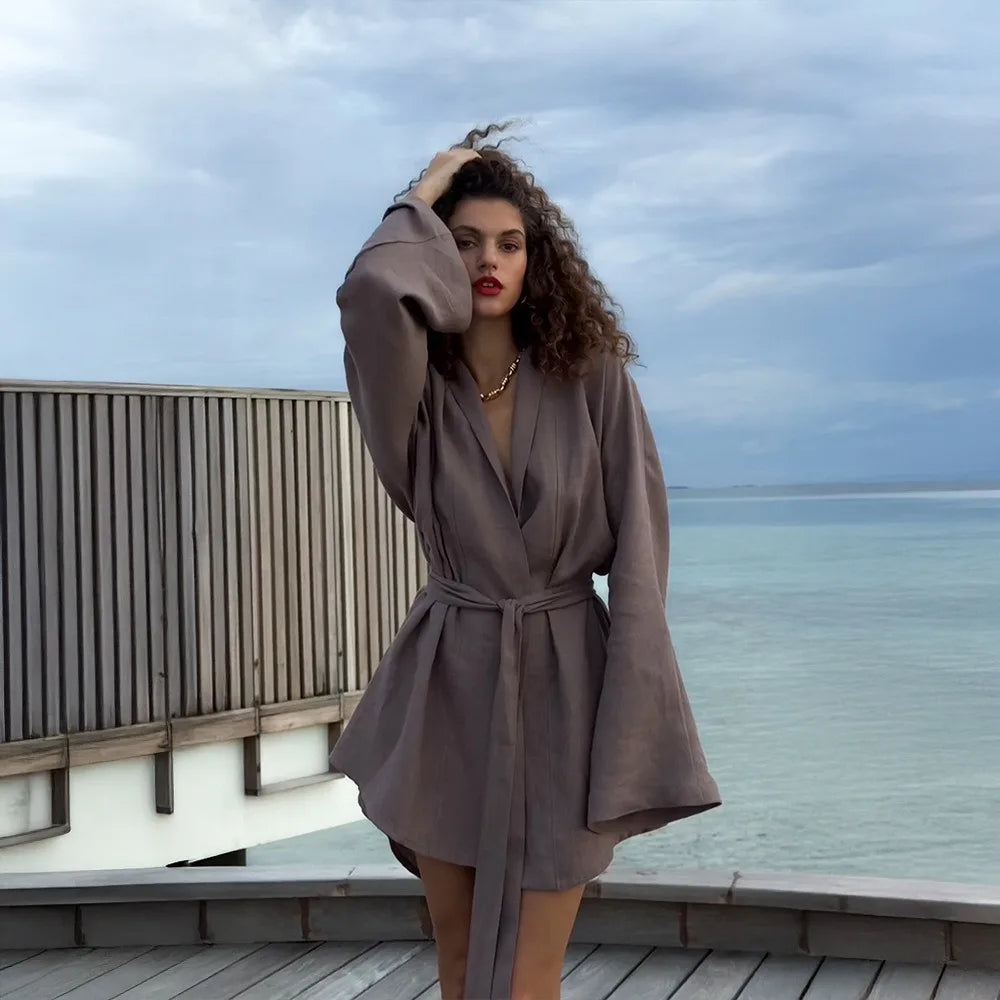 Elegant Cotton Linen V-neck Beach Dress 2025 Spring and Summer Women Fashion Soft Comfortable Loose Lace Vacation Casual Dress