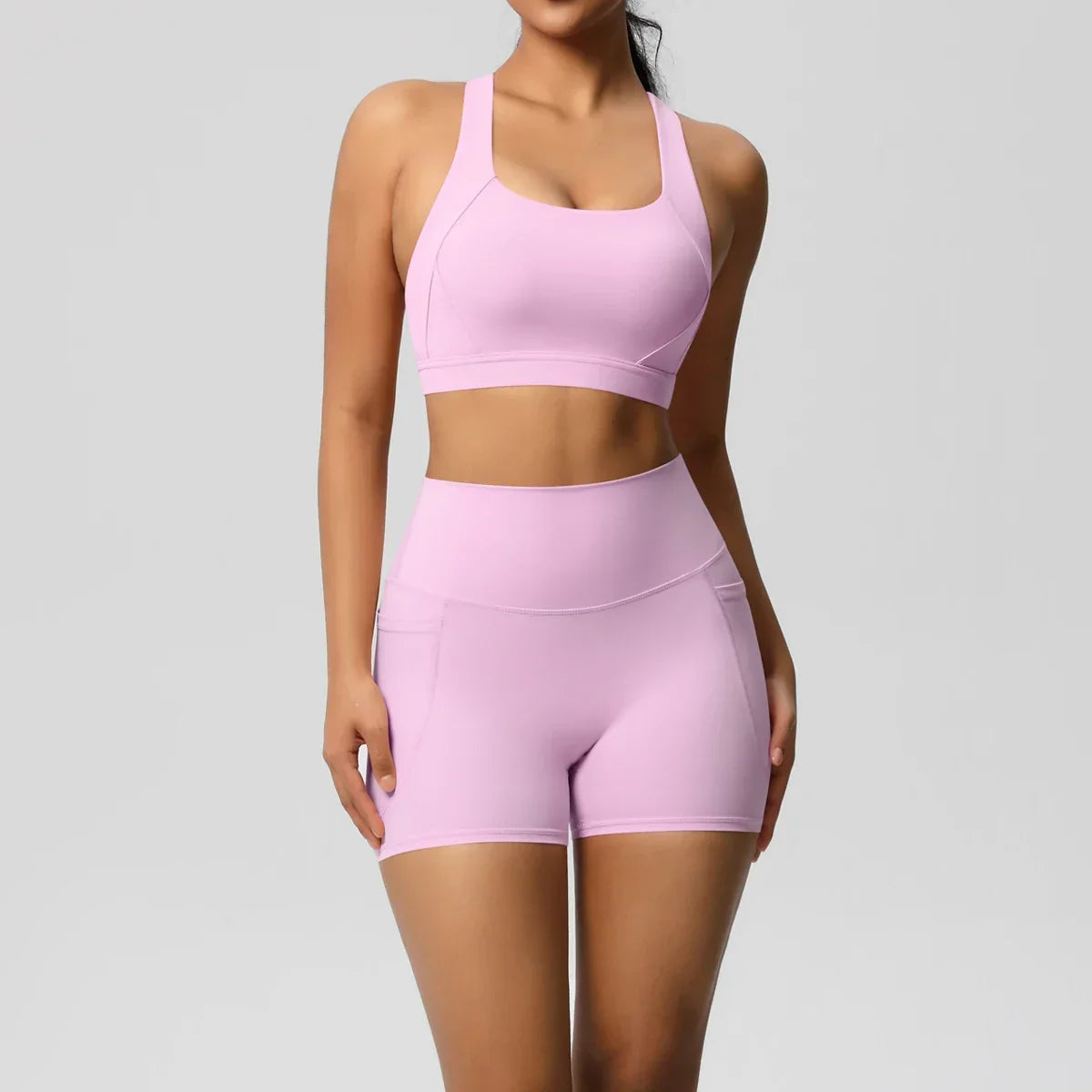 2PCS Sportswear With Pocketed Yoga Set Gym Clothes Yoga Suits For Women Tracksuits Sports Shorts Crossover Bra Gym Leggings