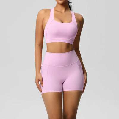 2PCS Sportswear With Pocketed Yoga Set Gym Clothes Yoga Suits For Women Tracksuits Sports Shorts Crossover Bra Gym Leggings