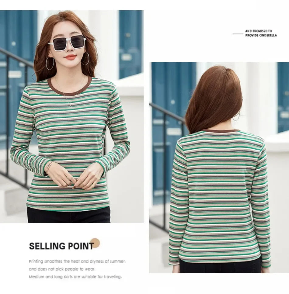 2024 New Women Clothing Crew Neck Striped Bottom Shirt Spring and Autumn Long Sleeve Tops T-Shirt Loose Interior Casual Top