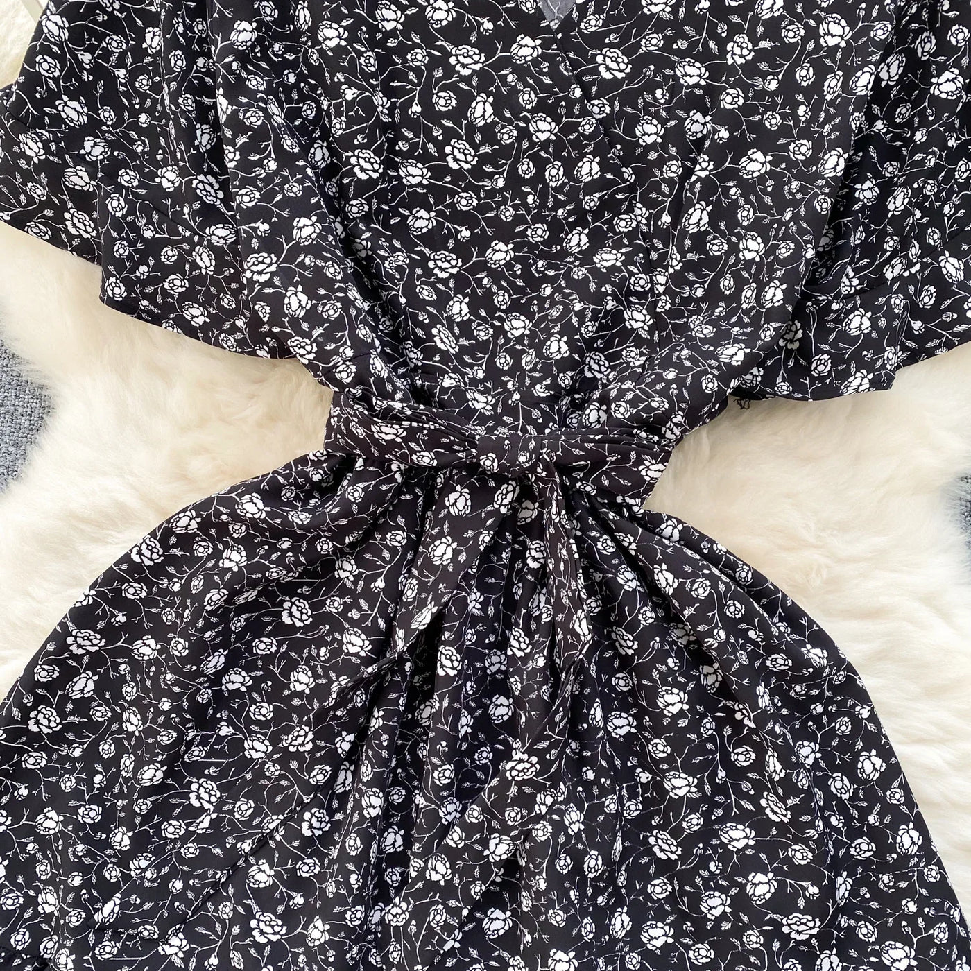 French Chic Dress Beach Style Floral Print Dresses Female V-Neck New Summer Ruffles A-Line Vestidos Women Clothes