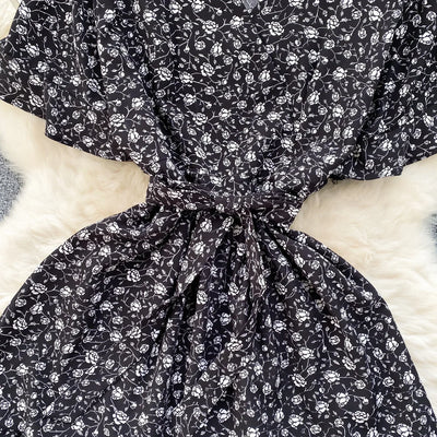 French Chic Dress Beach Style Floral Print Dresses Female V-Neck New Summer Ruffles A-Line Vestidos Women Clothes