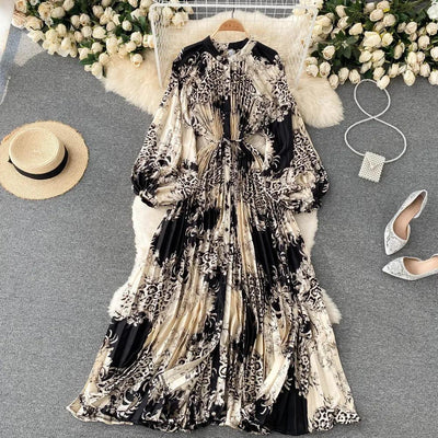 Retro Print Elegant Pleated Lace-up Chiffon Long Sleeve Dress A-line Blouse French Casual V-neck High Waist Women Summer Dresses