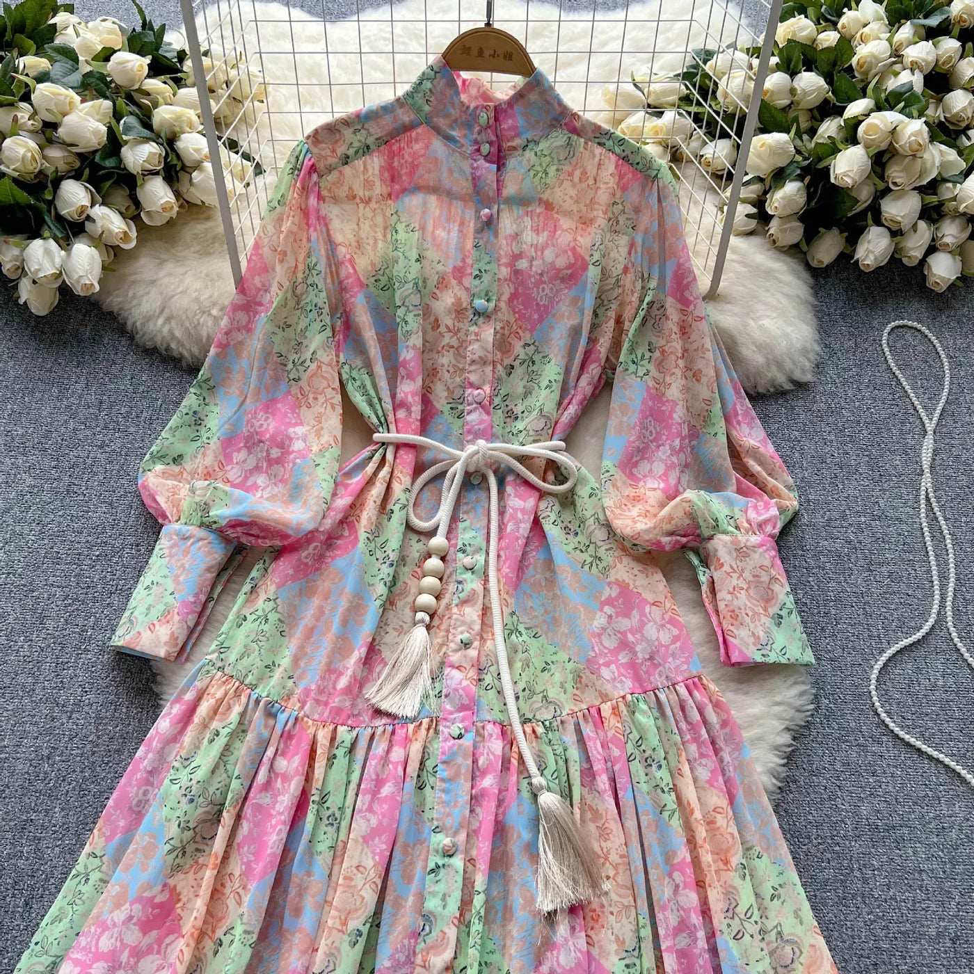 Long Dress Women Dresses A Line Chiffon Vestidos Stand Collar Streetwear Floral Print Elegant Splice Y2k Party Night High Waist