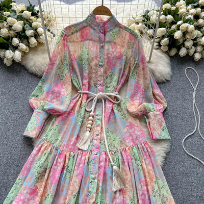 Long Dress Women Dresses A Line Chiffon Vestidos Stand Collar Streetwear Floral Print Elegant Splice Y2k Party Night High Waist