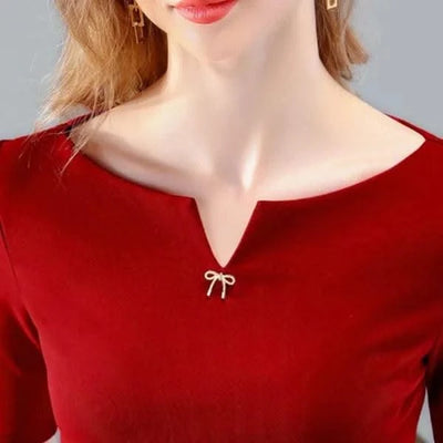 Women V-Neck Short Sleeve brooch decor Slim Red colour Blouse Tops