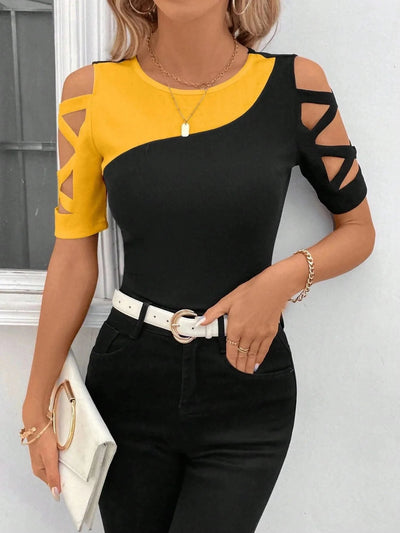 Women's Blouses T-shirt Summer New Colour Block Cross Off Shoulder