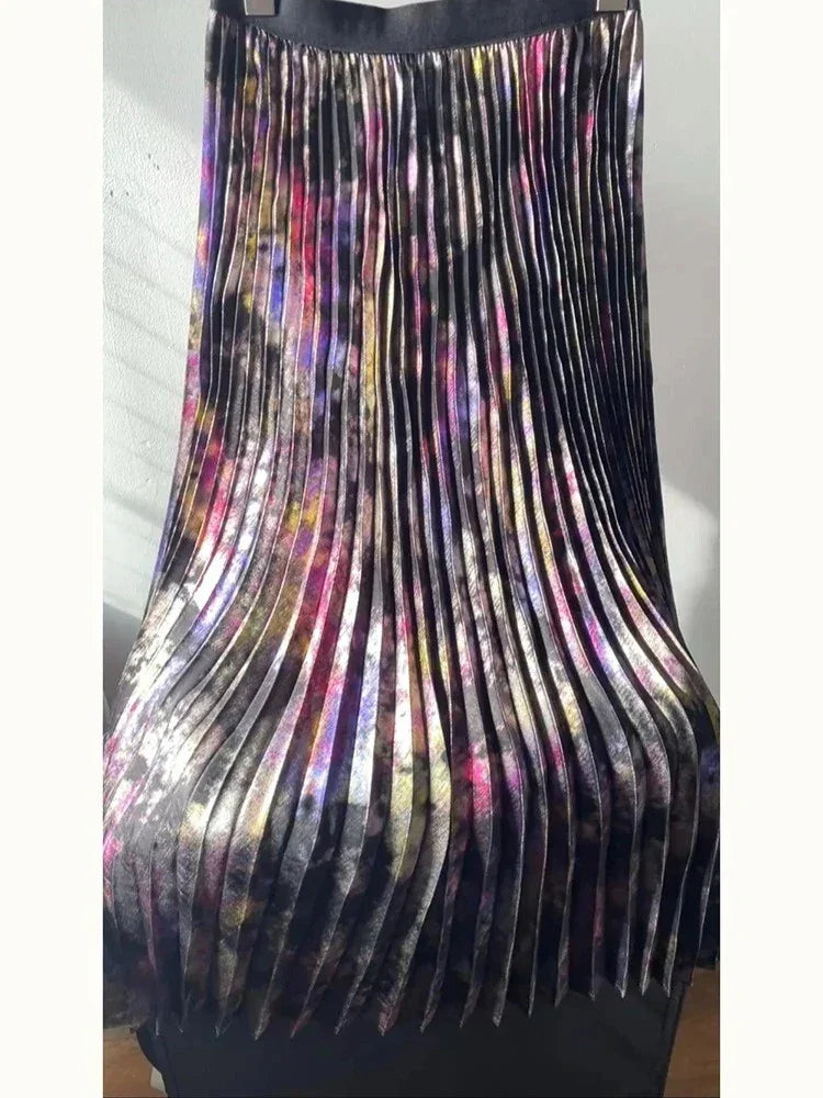 Shiny Colorful Luxury High Waist Midi Skirt 2025 Spring/Summer Fashion Trends Elastic Waistband Pleated Skirt Old Money Style