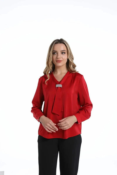 Red Women Blouse Ribbon Women Shirt Luxury Woman Top