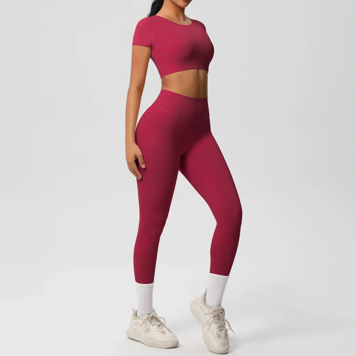 Yoga Set 2 Pieces Women Tracksuits Workout Sportswear Gym Clothing Fitness Short Sleeve With Padded High Waist Leggings Suits