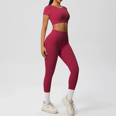 Yoga Set 2 Pieces Women Tracksuits Workout Sportswear Gym Clothing Fitness Short Sleeve With Padded High Waist Leggings Suits
