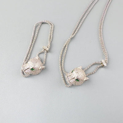 Designer Collection Fashion Luxurious Bracelet Long Necklace Men Women Lady Inlay Full Zircon Leopard Head Pendant Double Chain