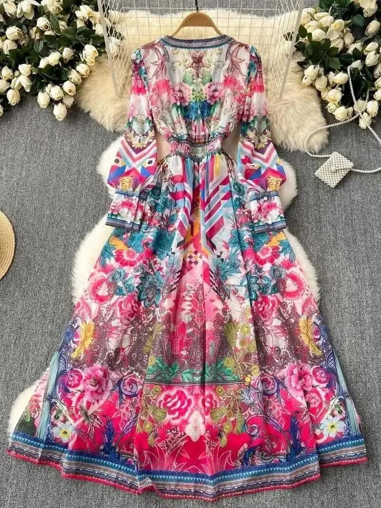 Summer Gorgeous Flower Dress Women Chiffon Clothing Sexy Deep V Neck Single Breasted Floral Print Beach Boho Long Robe Vestidos