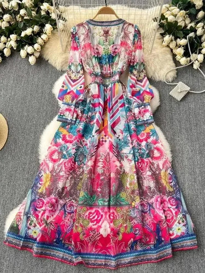 Summer Gorgeous Flower Dress Women Chiffon Clothing Sexy Deep V Neck Single Breasted Floral Print Beach Boho Long Robe Vestidos