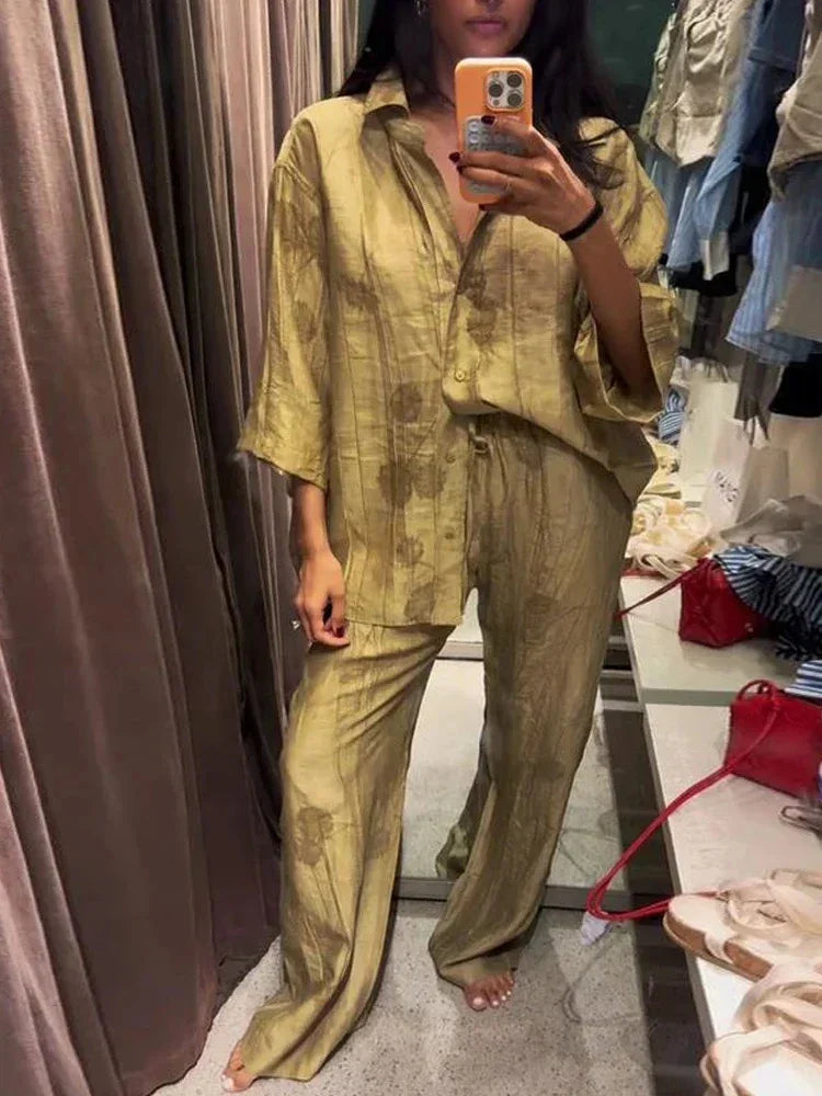 Women's Jacquard Oversized Shirt Trousers Short Sleeves Suit Lapel Shirt High Waist Elastic Straight Leg Pants Chic Female Set