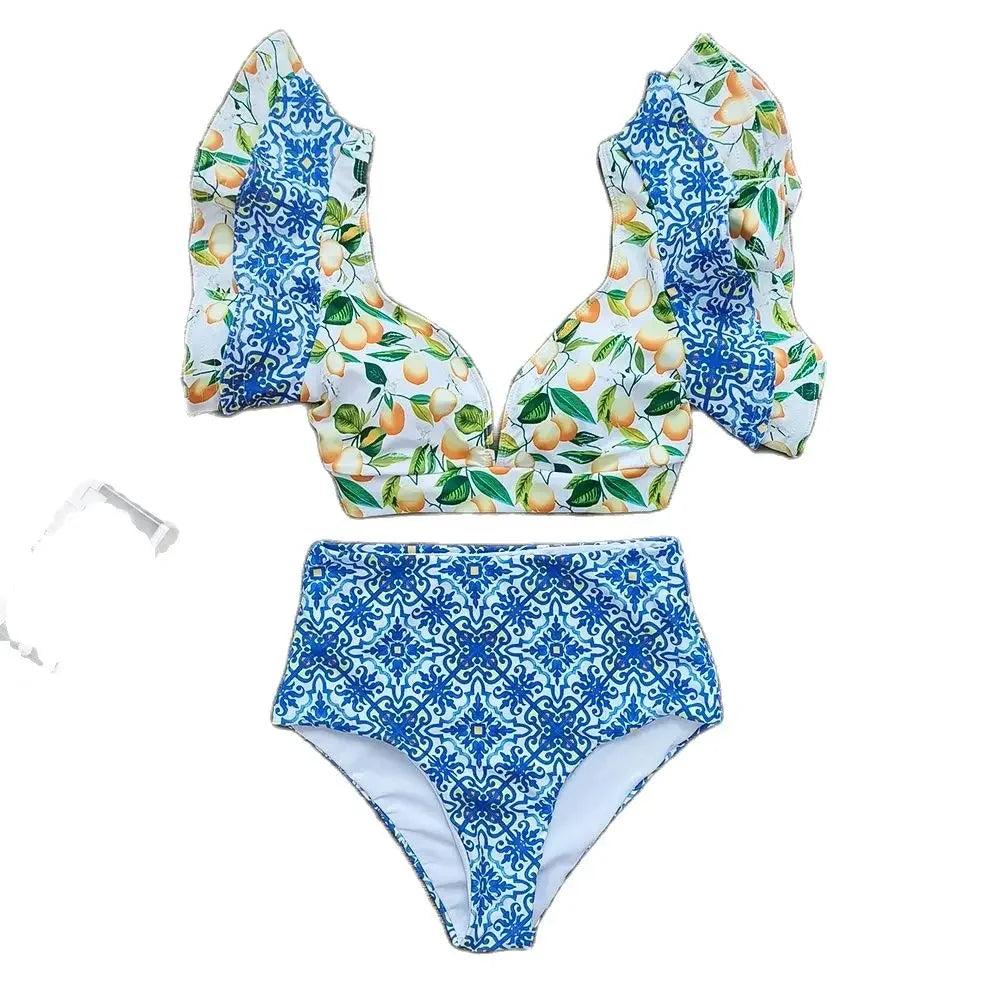 Swimwear High Waist Bikinis with Belt V Neck Shirring Swimsuit Women Ruffle Bathing Suit y2k Drawstring Beachwear