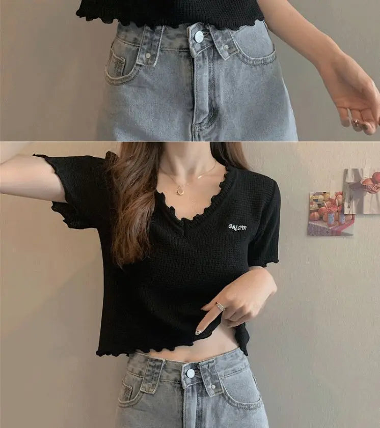 Oversized Summer Short Sleeve T-shirt Women's Foreign Style Versatile Slim Knitted Top Underlay