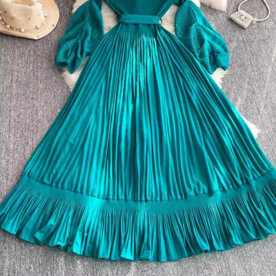 Women's V Neck Ruffles Splice Lantern Sleeve High Stretch Oversized Dresses Miyake Maxi Pleated 2025 Spring Long Party Clothing