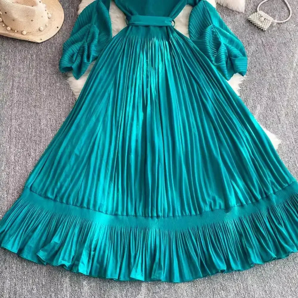 Women's V Neck Ruffles Splice Lantern Sleeve High Stretch Oversized Dresses Miyake Maxi Pleated 2025 Spring Long Party Clothing