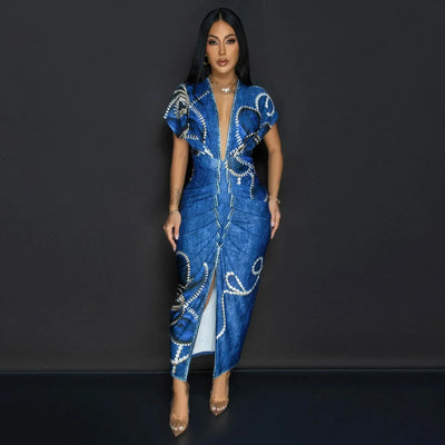 Fashionable Short Sleeve V-Neck Printed Slim Fit African Style Women's Dress K10822 Cross-Border Elegant Chic Dress