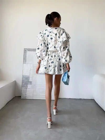 Women Cotton Linen Print Loose Suit Women Lantern Sleeve Ruffles V-neck Patchwork Single-Breasted Top High Waist Mini Skirt Suit