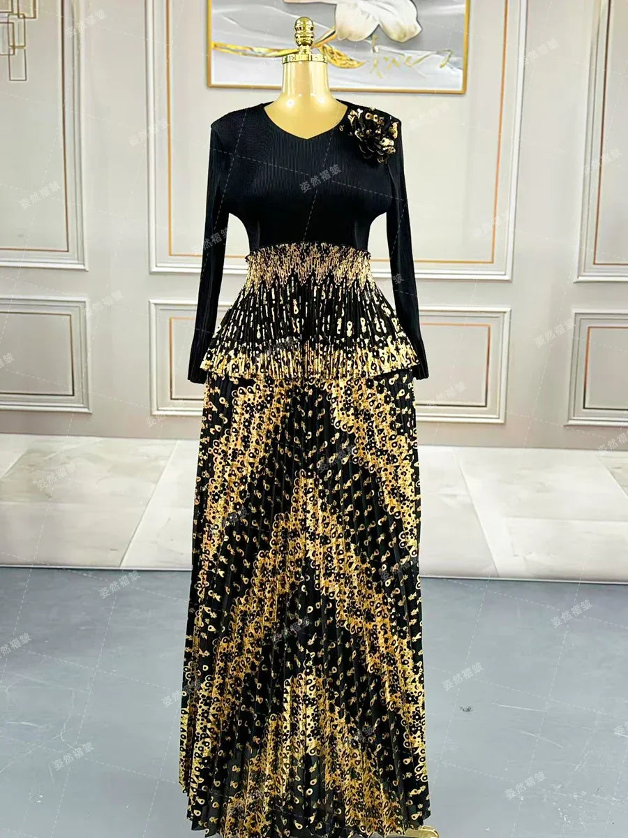 Luxury Women Chic Evening Dresses 2025 Formal Ball Gowns Elegant Party Miyake Pleated Long Sleeve Dress Female Plus Size Clothes