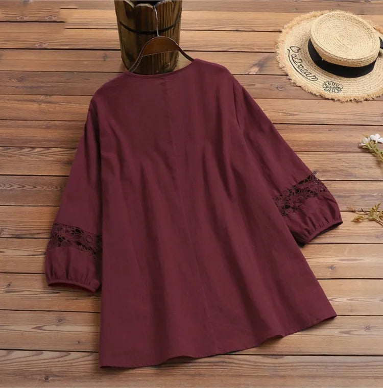 Fashion Women's Solid Lace Top Cotton Linen Casual Top Woman New Summer Blouse Three-Quarter Sleeve Loose Shirt & Blouse Women