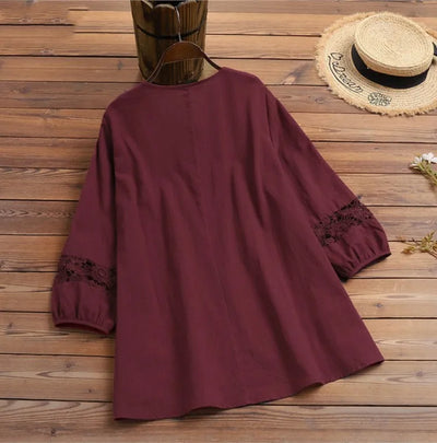 Fashion Women's Solid Lace Top Cotton Linen Casual Top Woman New Summer Blouse Three-Quarter Sleeve Loose Shirt & Blouse Women